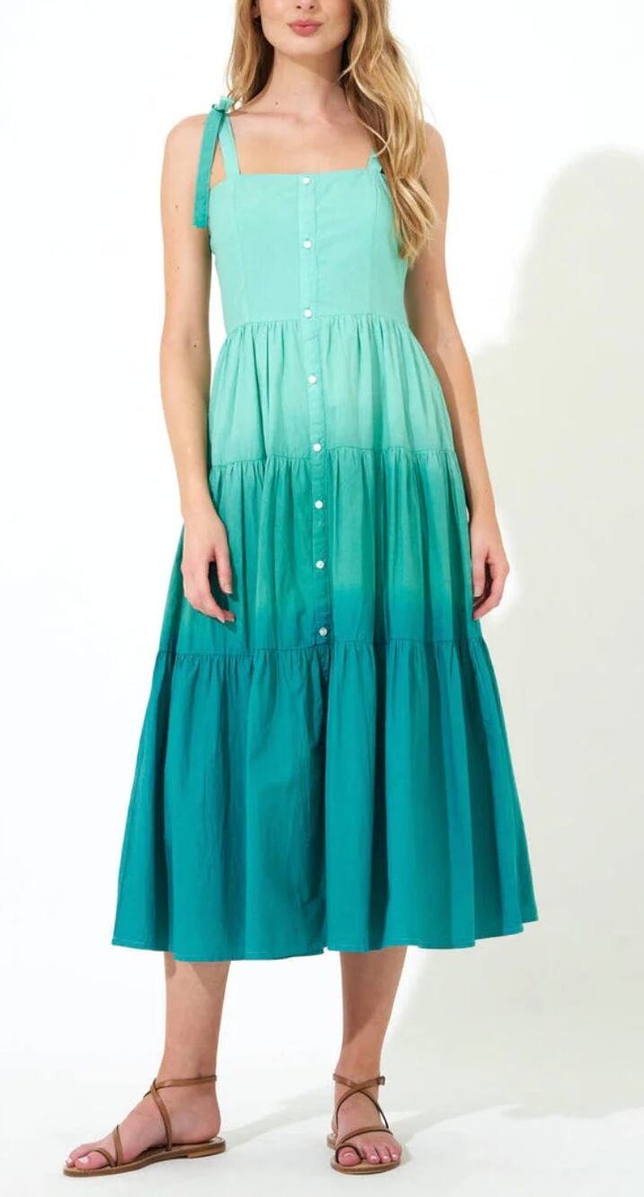 OLIPHANT Tuckernuck Tie Strap Button Midi Dress Ombre Green Cotton Tiered M